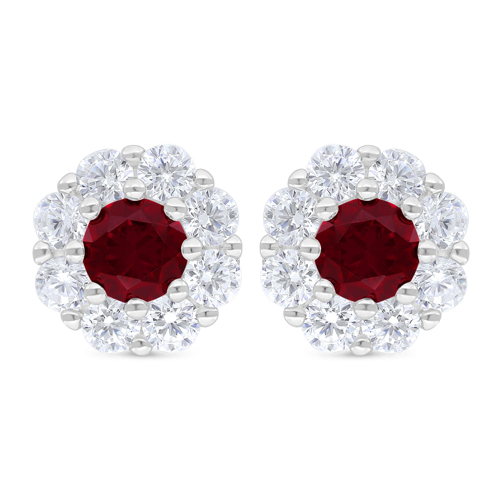 Sterling Silver 925 Earring Rhodium Plated Embedded With Ruby Corundum And White Zircon