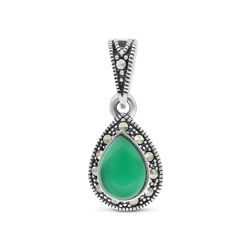 Sterling Silver 925 Pendant Embedded With Natural Green Agate And Marcasite Stones