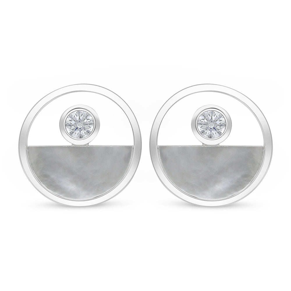 Sterling Silver 925 Earring Rhodium Plated Embedded With White shell And White Zircon