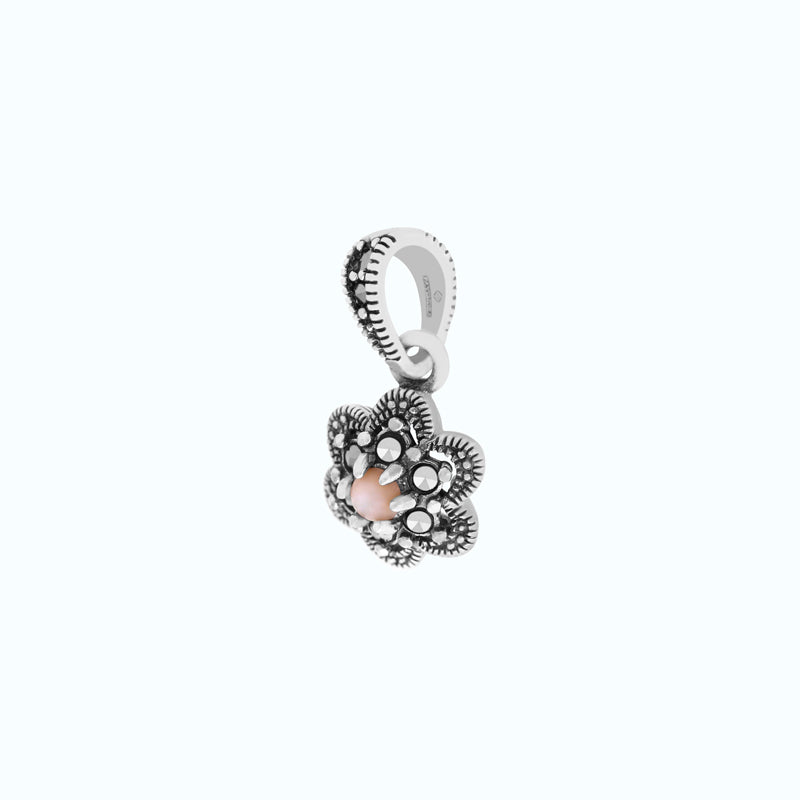 Sterling Silver 925 Pendant Embedded With Natural Pink Shell And Marcasite Stones