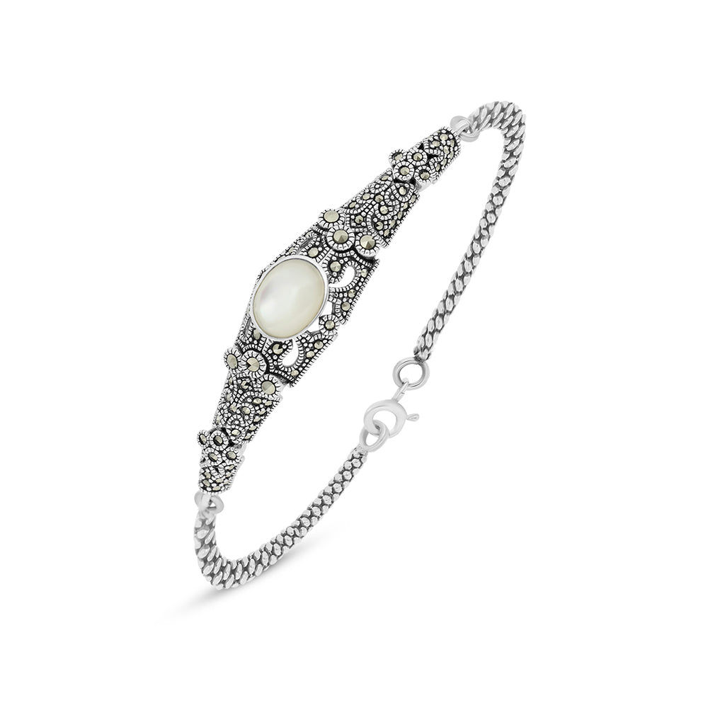 Sterling Silver 925 Bracelet Embedded With Natural White Shell And Marcasite Stones