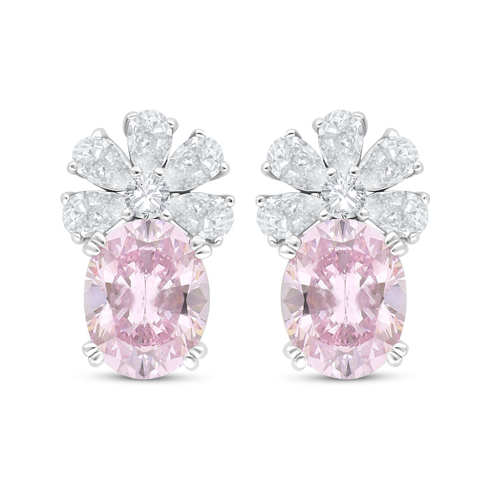 Sterling Silver 925 Earring Rhodium Plated Embedded With pink Zircon And White Zircon