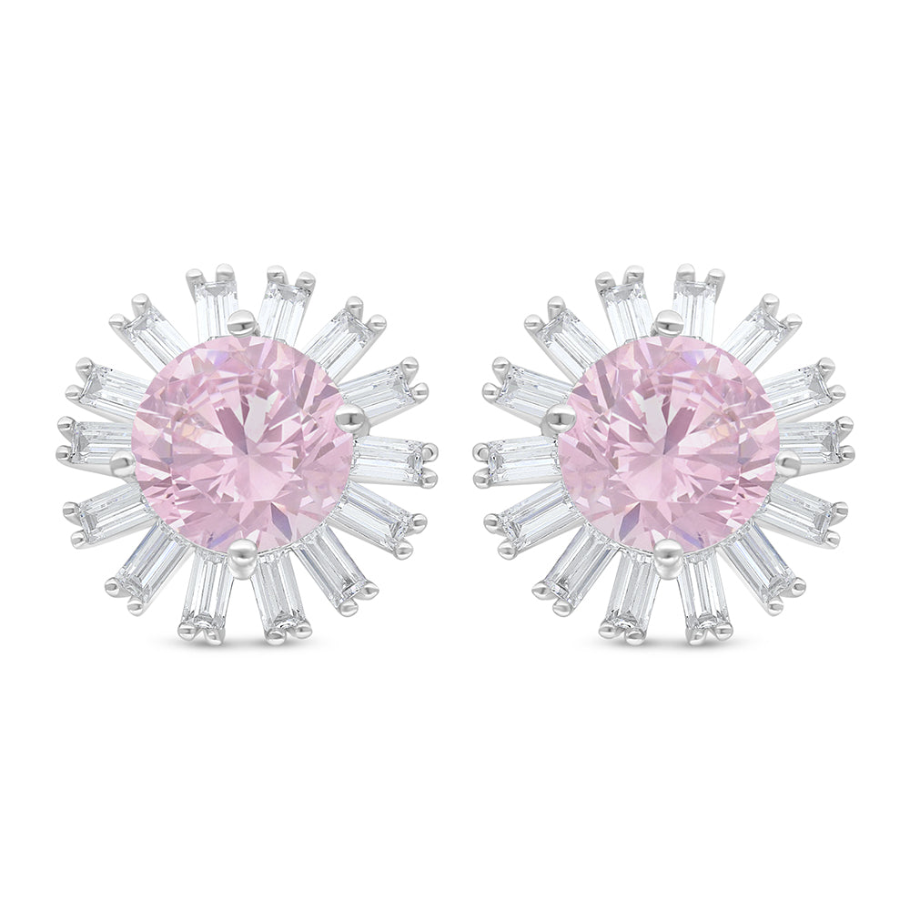 Sterling Silver 925 Earring Rhodium Plated Embedded With Pink Zircon And White Zircon
