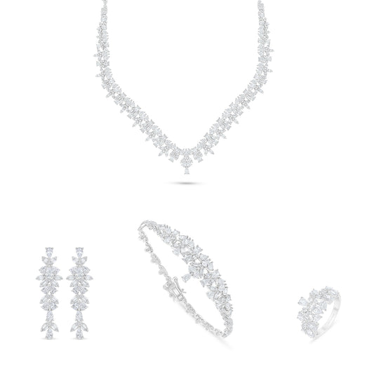 طقم من الفضة الخالصة عيار 925 مطلي روديوم مرصع فص ابيض