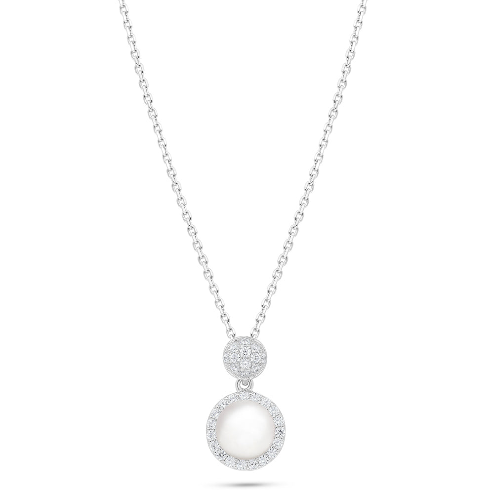 Sterling Silver 925 Necklace Rhodium Plated Embedded With Natural White Pearl And White Zircon