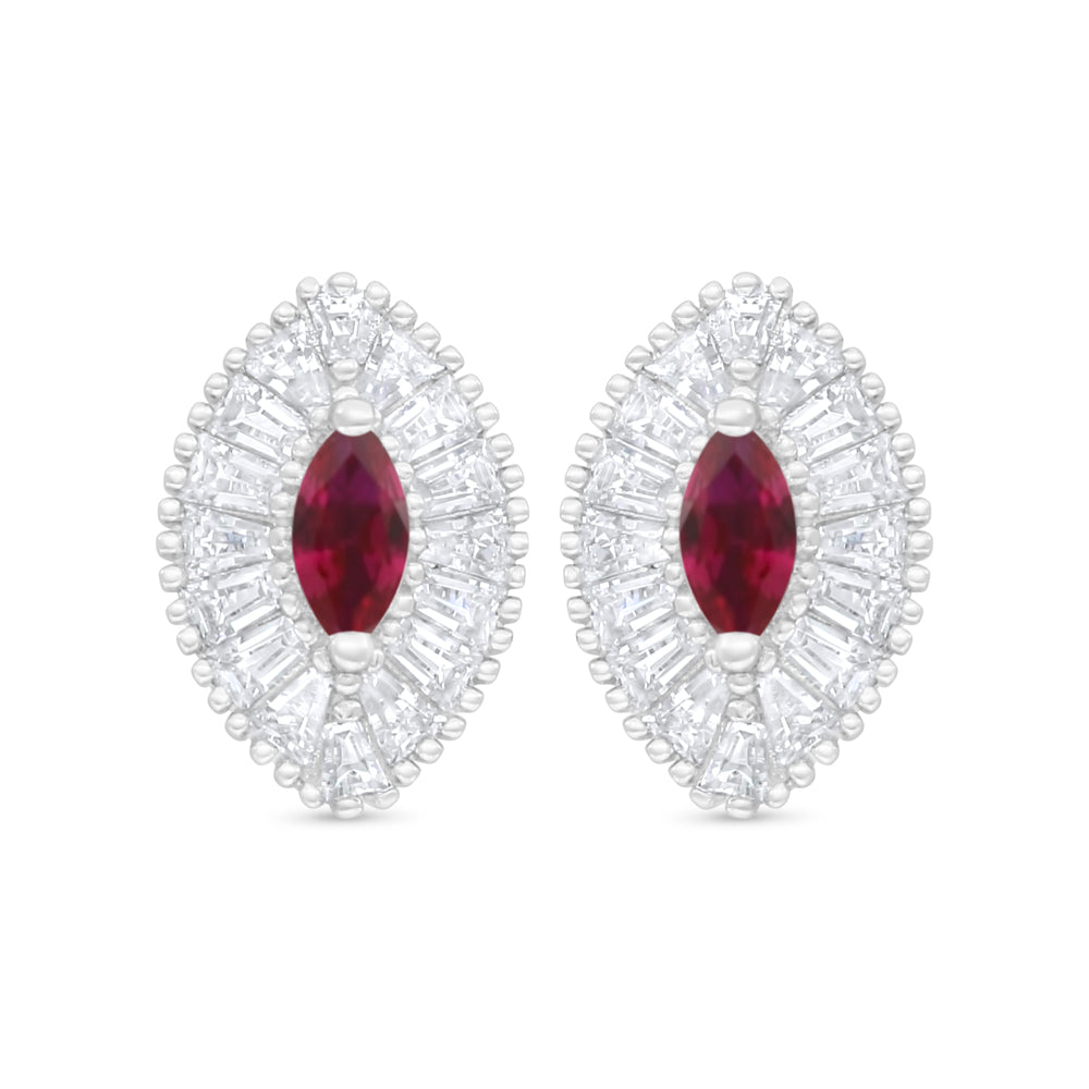 Sterling Silver 925 Earring Rhodium Plated Embedded With Ruby Corundum And White Zircon