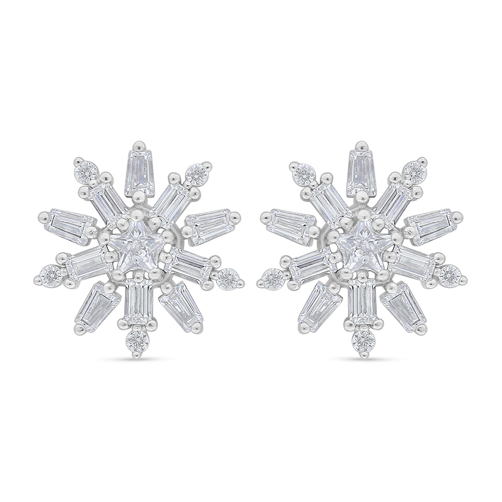 Sterling Silver 925 Earring Rhodium Plated Embedded With White Zircon