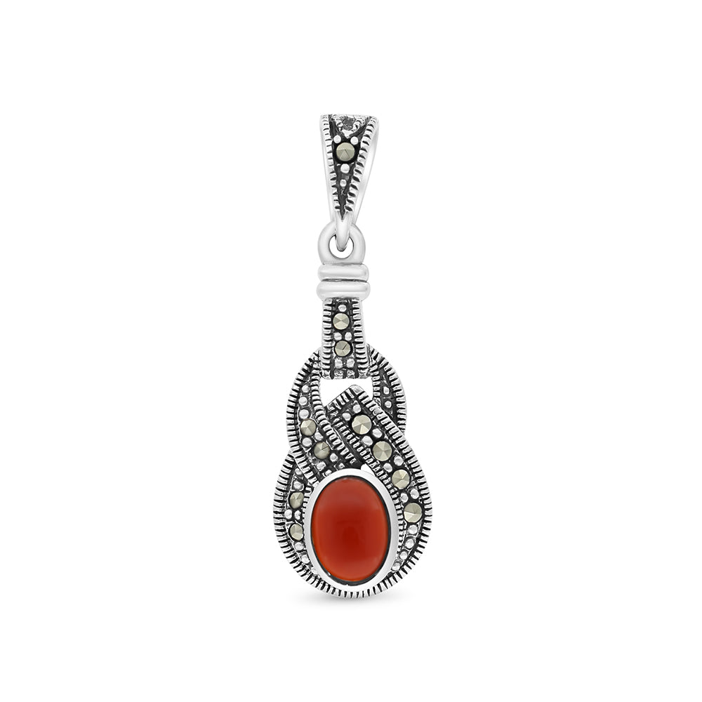 Sterling Silver 925 Pendant Embedded With Natural Aqiq And Marcasite Stones