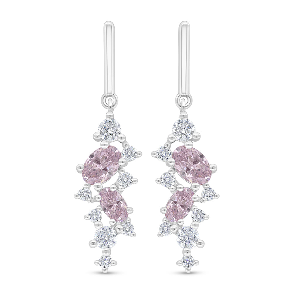 Sterling Silver 925 Earring Rhodium Plated Embedded With Pink Zircon And White Zircon