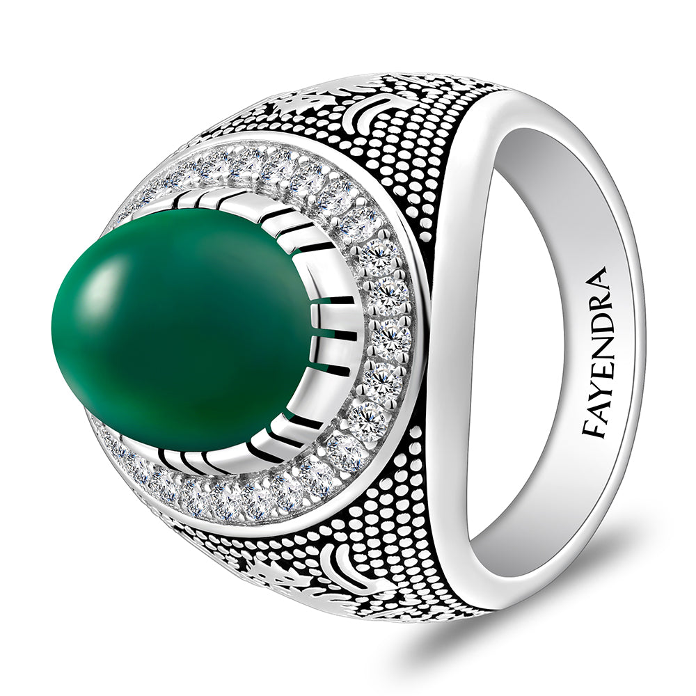 Sterling Silver 925 Ring Rhodium And Black Plated Embedded With Green Agate Cabochon And White Zircon For Men