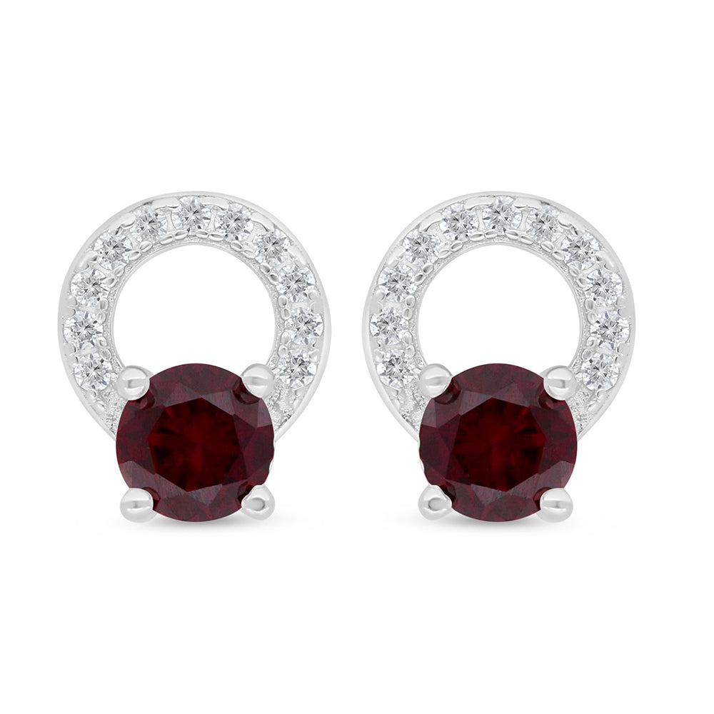 Sterling Silver 925 Earring Rhodium Plated Embedded With Ruby Corundum And White Zircon