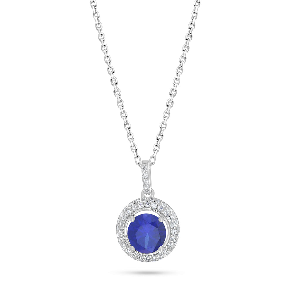 Sterling Silver 925 Necklace Rhodium Plated Embedded With Sapphire Corundum And White Zircon