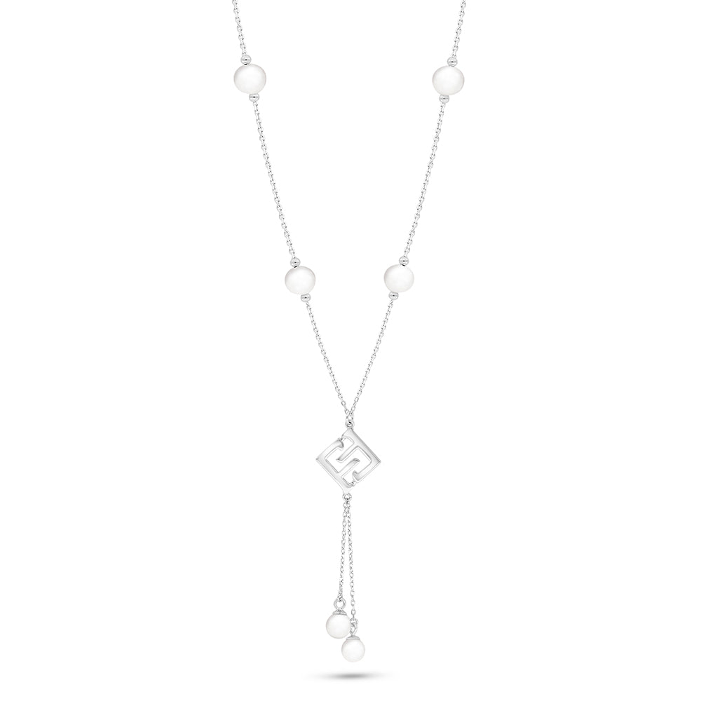 Sterling Silver 925 Necklace Rhodium Plated Embedded With Natural White Pearl LOGO
