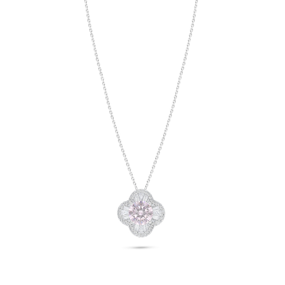 Sterling Silver 925 Necklace Rhodium Plated Embedded With Pink Zircon And White Zircon