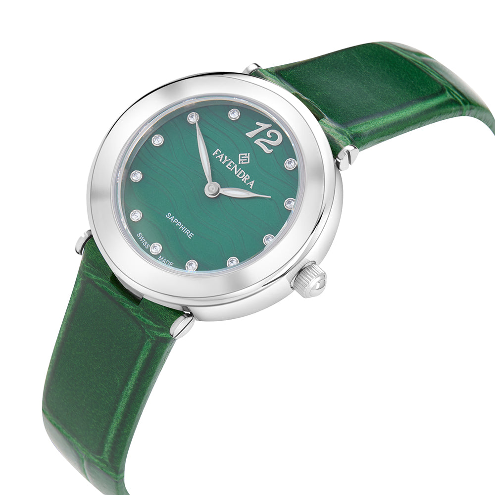 Stainless Steel 316L Watch Silver Color Green Leather And White Zircon - GREEN MOP DIAL