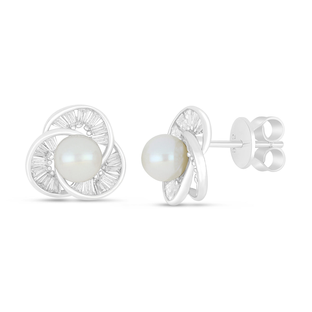 Sterling Silver 925 Earring Rhodium Plated Embedded With Natural White Pearl And White Zircon