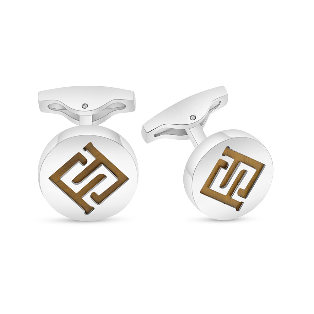 Stainless Steel Cufflink 316L Embedded With Yellow Tiger Eye Shiny Steel