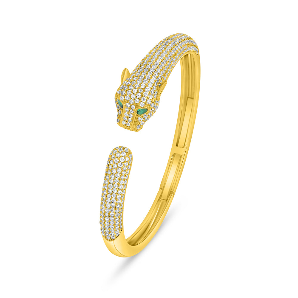 Sterling Silver 925 Bangle Golden Plated Embedded With Emerald Zircon And White Zircon