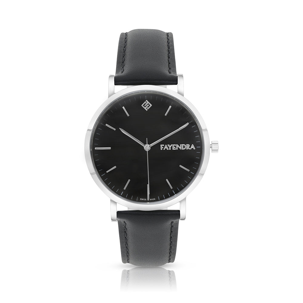 ساعة رجالي ستانلس ستيل عيار 316 بلون فضي جلد اسود  - المينا حجر صدف ام اللالئ الاسود