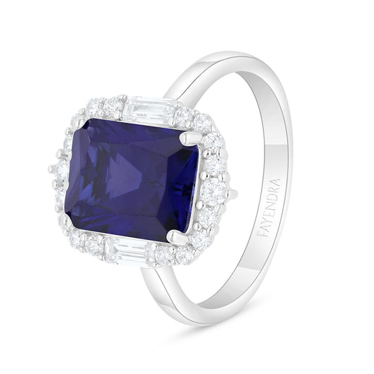 خاتم من الفضة الخالصة عيار 925 مطلي روديوم مرصع زفير كروندوم و فص ابيض