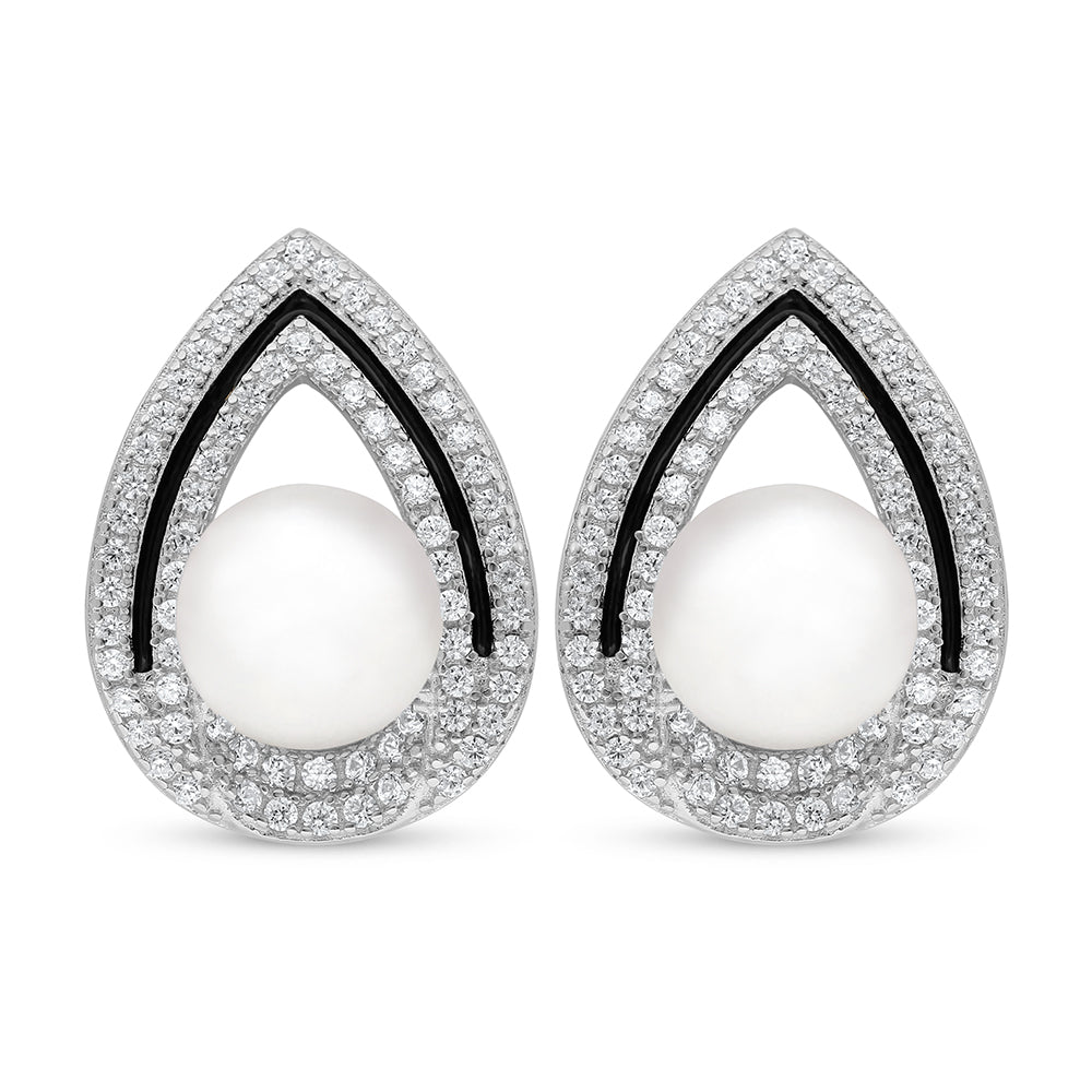 Sterling Silver 925 Earring Rhodium Plated Embedded With Natural White Pearl And White Zircon