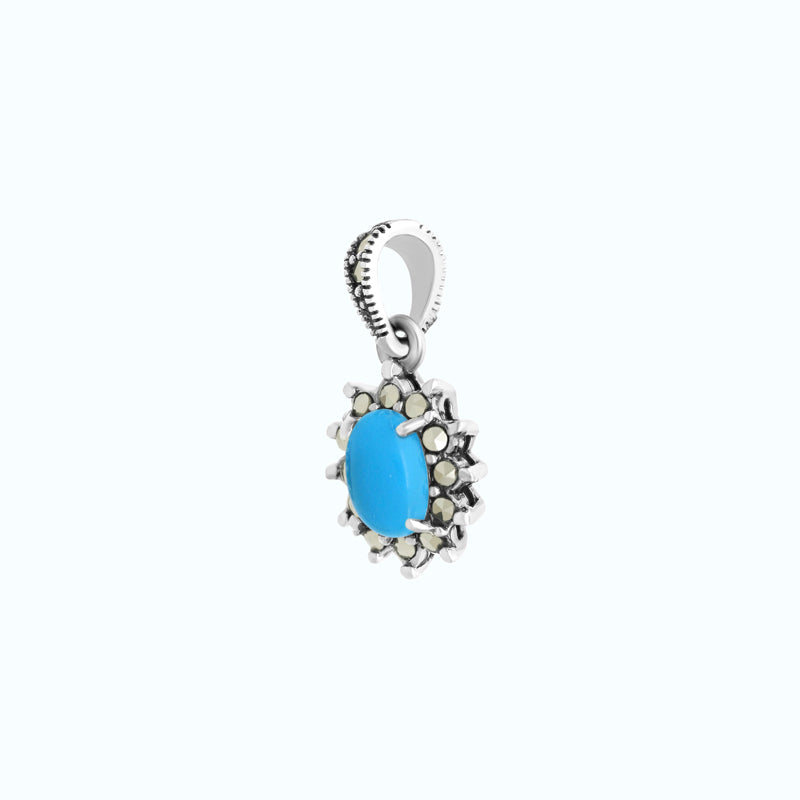 Sterling Silver 925 Pendant Embedded With Natural Processed Turquoise And Marcasite Stones