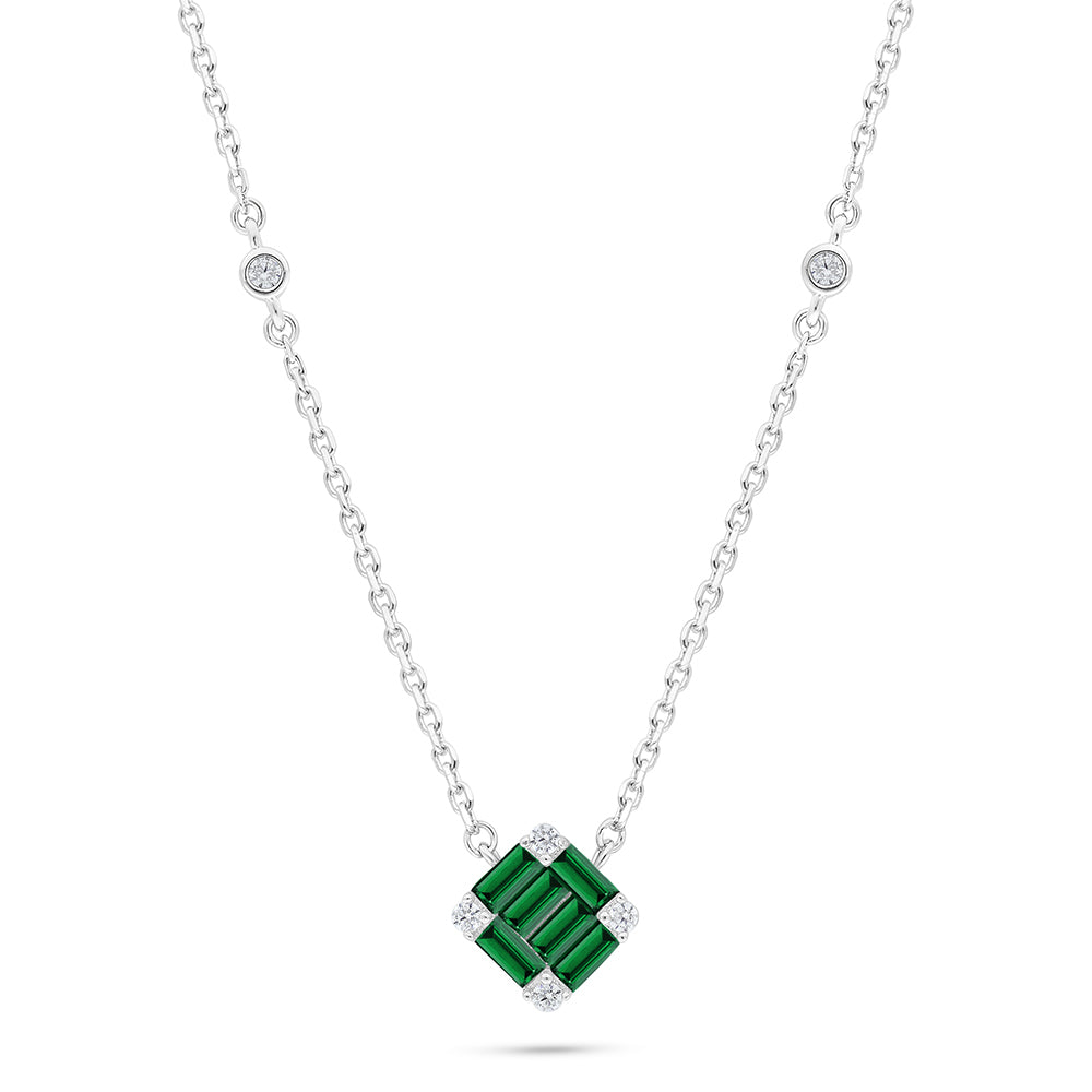 Sterling Silver 925 Necklace Rhodium Plated Embedded With Emerald Zircon And White Zircon