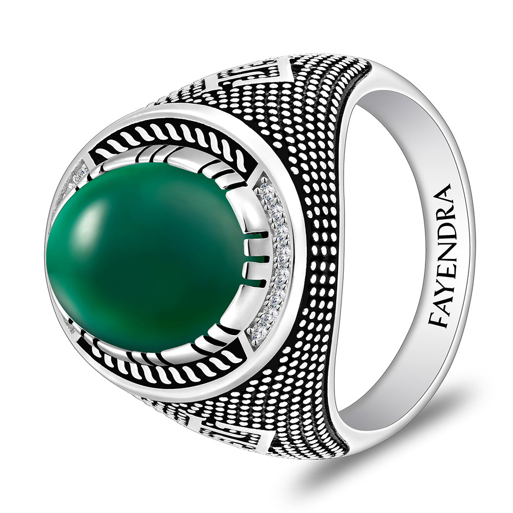 خاتم رجالي من الفضة الخالصة عيار 925 مطلي روديوم و اسود مرصع احجار عقيق جاد اخضر كابشون و فص ابيض