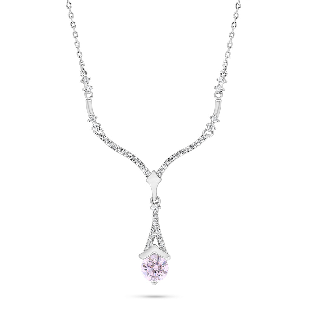 Sterling Silver 925 Necklace Rhodium Plated Embedded With Pink Zircon And White Zircon