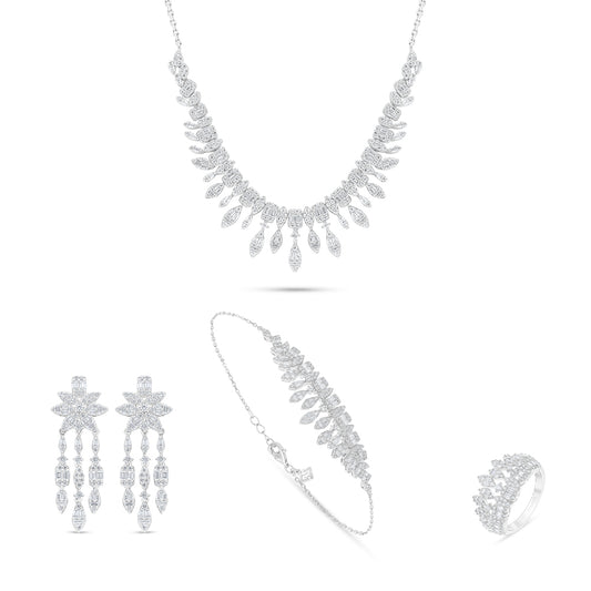 طقم من الفضة الخالصة عيار 925 مطلي روديوم مرصع فص ابيض