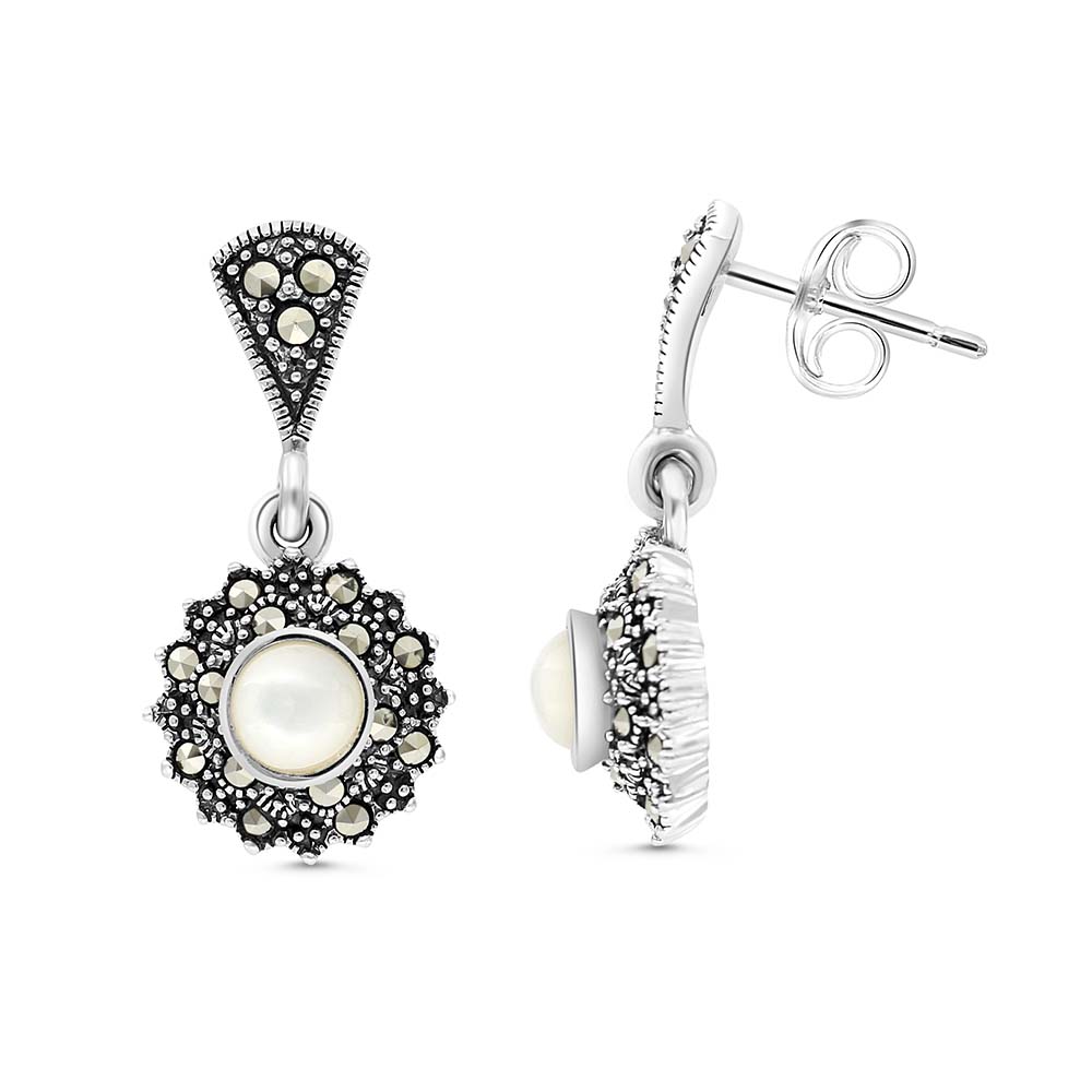 Sterling Silver 925 Earring Embedded With Natural White Shell And Marcasite Stones