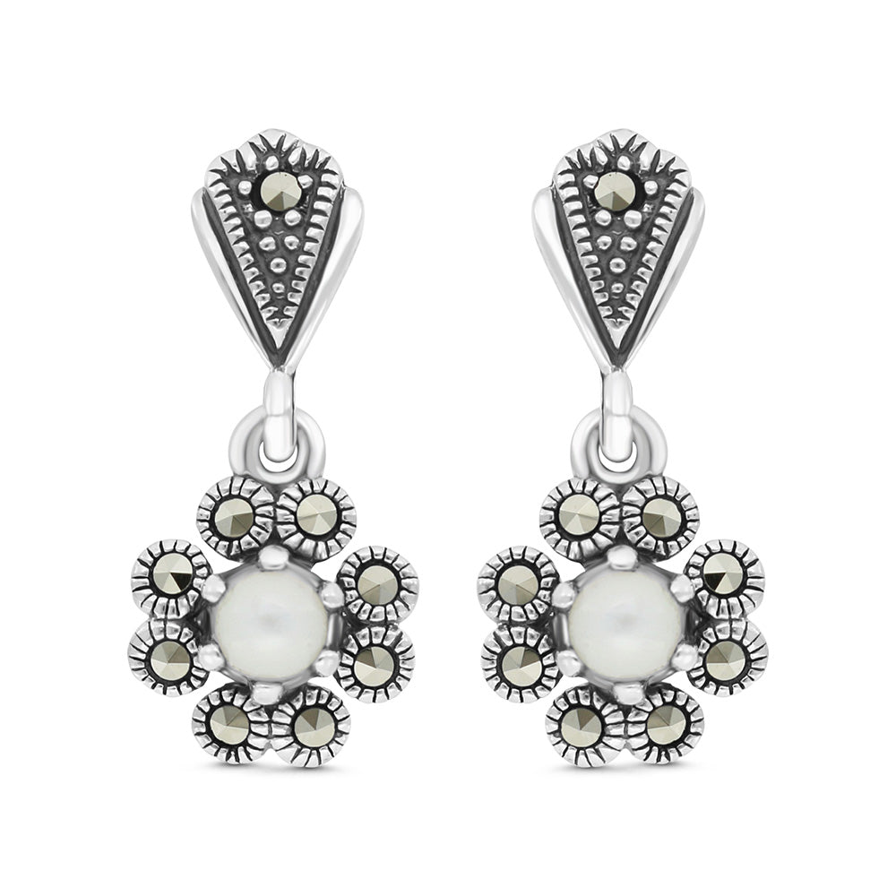 Sterling Silver 925 Earring Embedded With Natural White Shell And Marcasite Stones