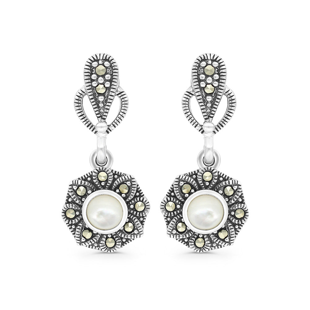 اقراط من الفضة الخالصة عيار 925 مرصعه احجار صدف ابيض طبيعي و ماركسايت