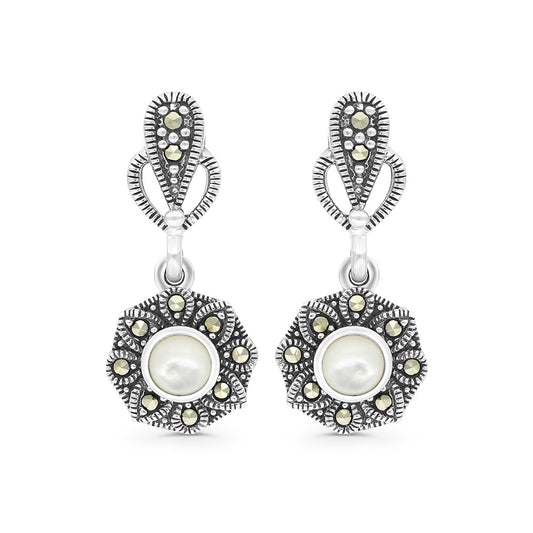Sterling Silver 925 Earring Embedded With Natural White Shell And Marcasite Stones