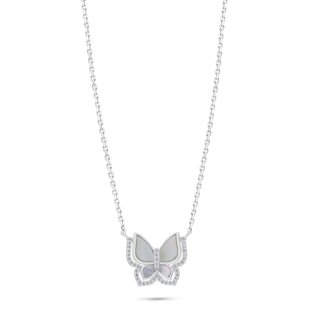 Sterling Silver 925 Necklace Rhodium Plated Embedded With White Shell And White Zircon