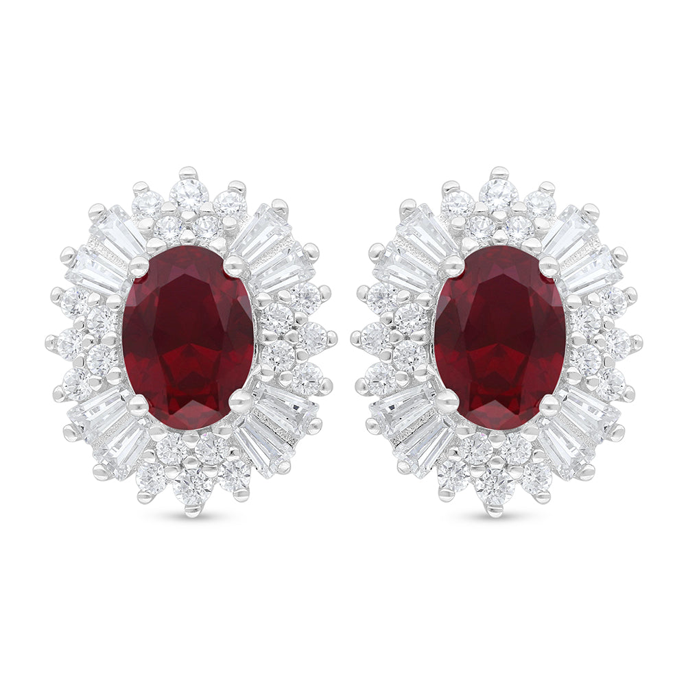 Sterling Silver 925 Earring Rhodium Plated Embedded With Ruby Corundum And White Zircon