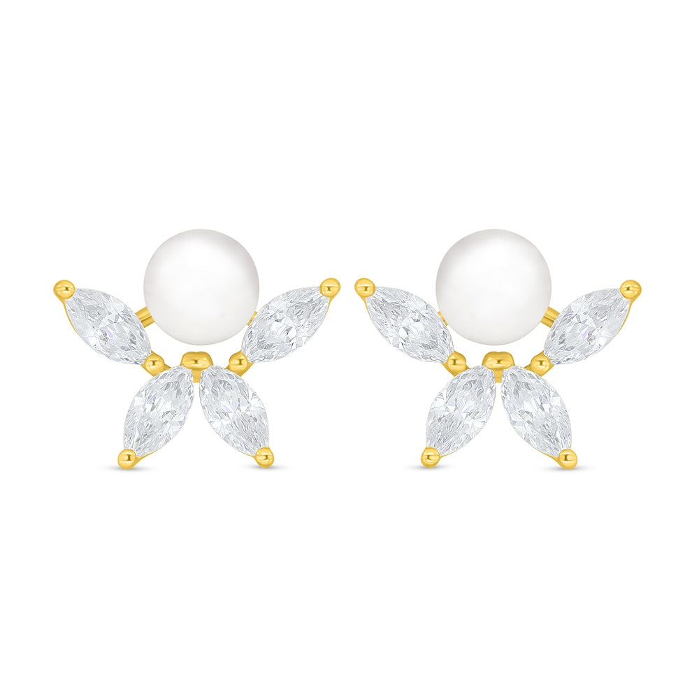 Sterling Silver 925 Earring Golden Plated Embedded With Natural White Pearl And White Zircon
