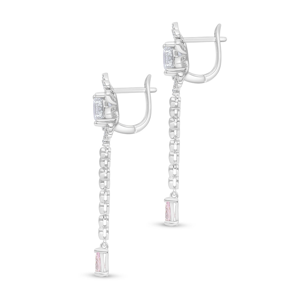 Sterling Silver 925 Earring Rhodium Plated Embedded With Pink Zircon And White Zircon