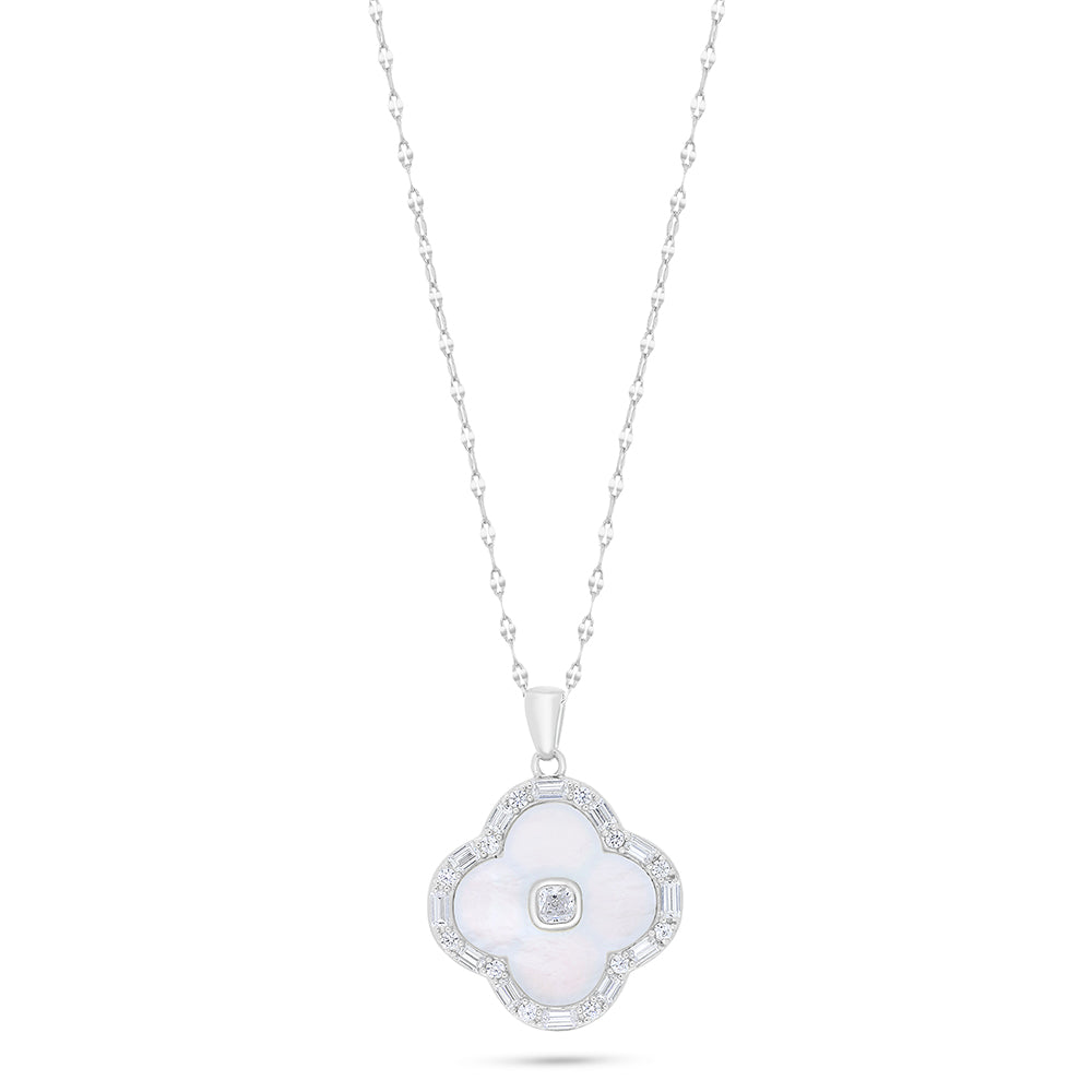 Sterling Silver 925 Necklace Rhodium Plated Embedded With White Shell And White Zircon