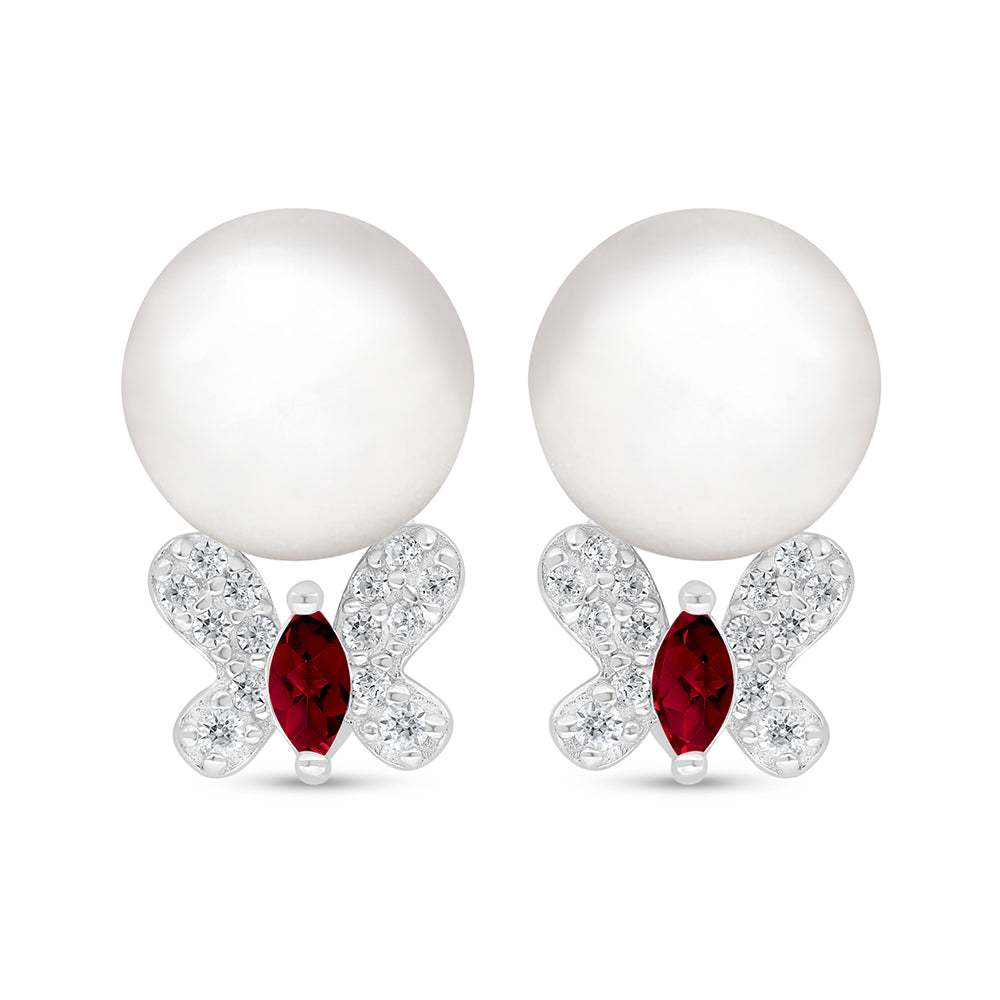 Sterling Silver 925 Earring Rhodium Plated Embedded With Natural White Pearl And Ruby Corundum And White Zircon