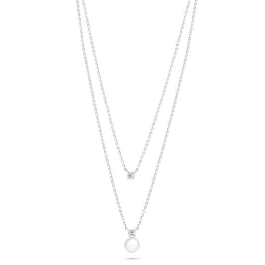 عقد من الفضة الخالصة عيار 925 مطلي روديوم مرصع لولو ابيض طبيعي و فص ابيض