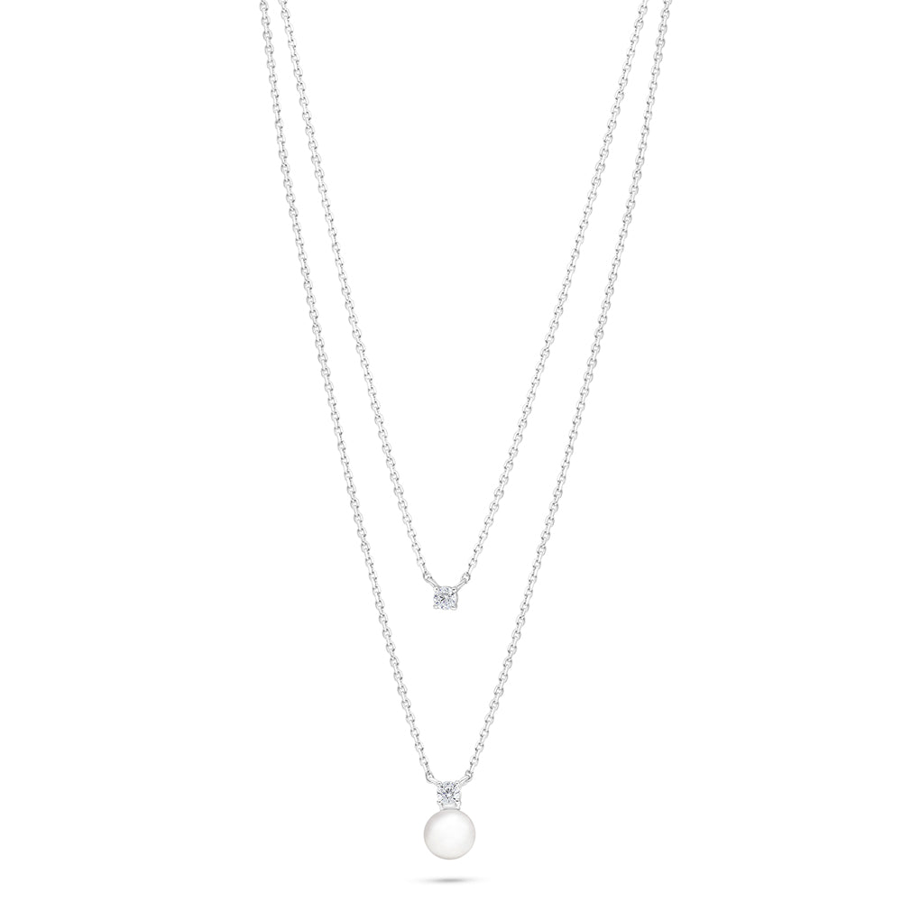 Sterling Silver 925 Necklace Rhodium Plated Embedded With Natural White Pearl And White Zircon