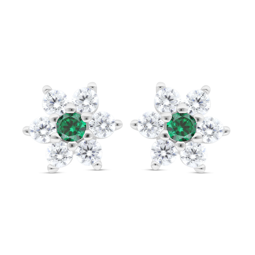 Sterling Silver 925 Earring Rhodium Plated Embedded With Emerald Zircon And White Zircon