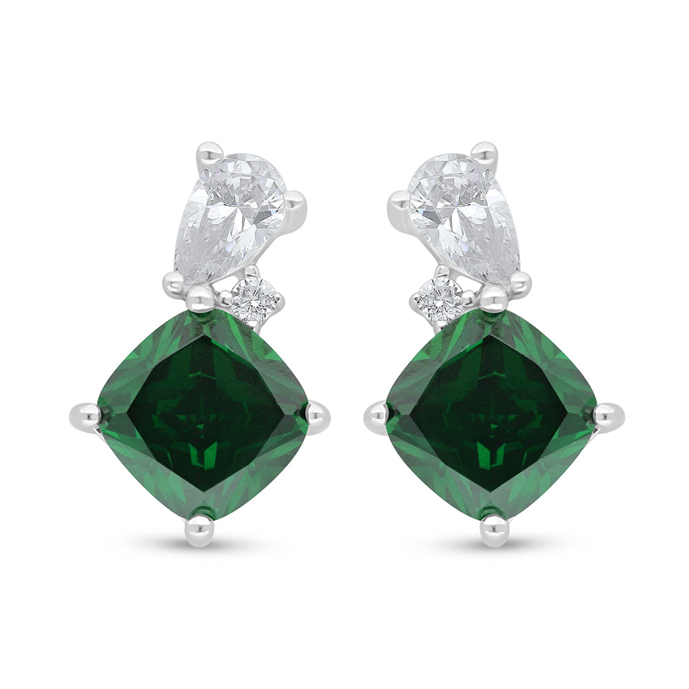 Sterling Silver 925 Earring Rhodium Plated Embedded With Emerald Zircon And White Zircon
