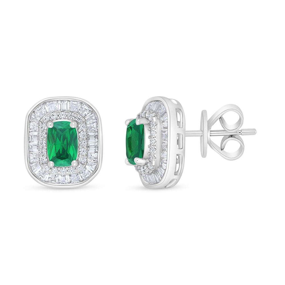 Sterling Silver 925 Earring Rhodium Plated Embedded With Emerald Zircon And White Zircon