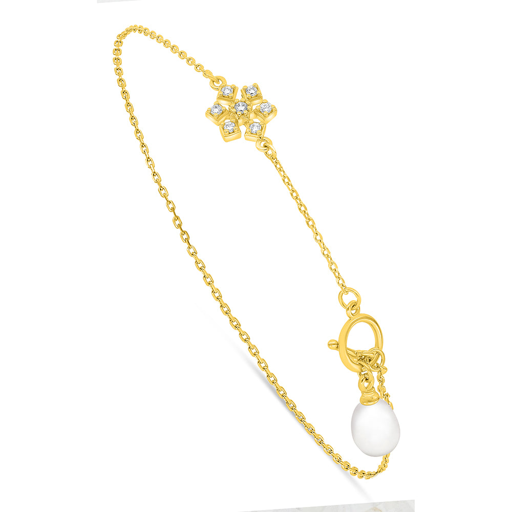 Sterling Silver 925 Bracelet Golden Plated Embedded With Natural White Pearl And White Zircon