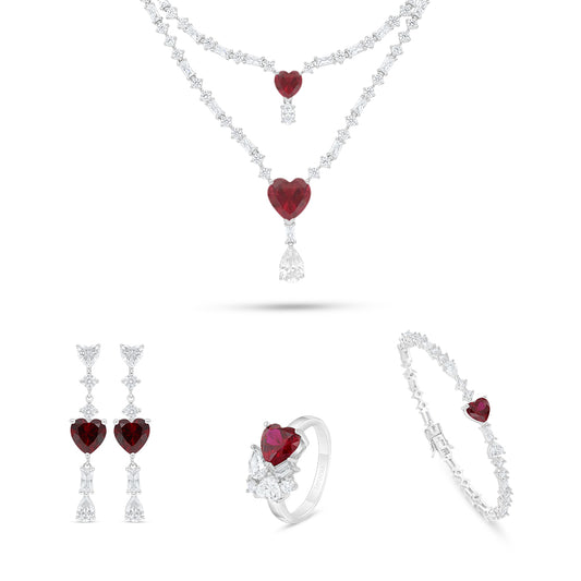 Sterling Silver 925 SET Rhodium Plated Embedded With Ruby Corundum And White Zircon