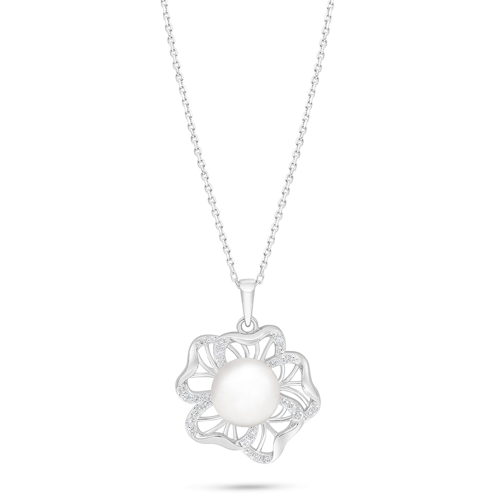 Sterling Silver 925 Necklace Rhodium Plated Embedded With Natural White Pearl And White Zircon