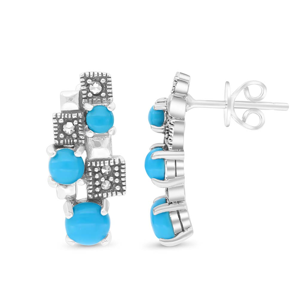 Sterling Silver 925 Earring Embedded With Natural Processed Turquoise And Marcasite Stones