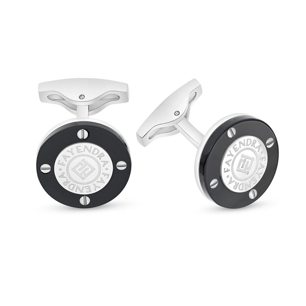 Stainless Steel Cufflink 316L Embedded With Black Agate Shiny Steel